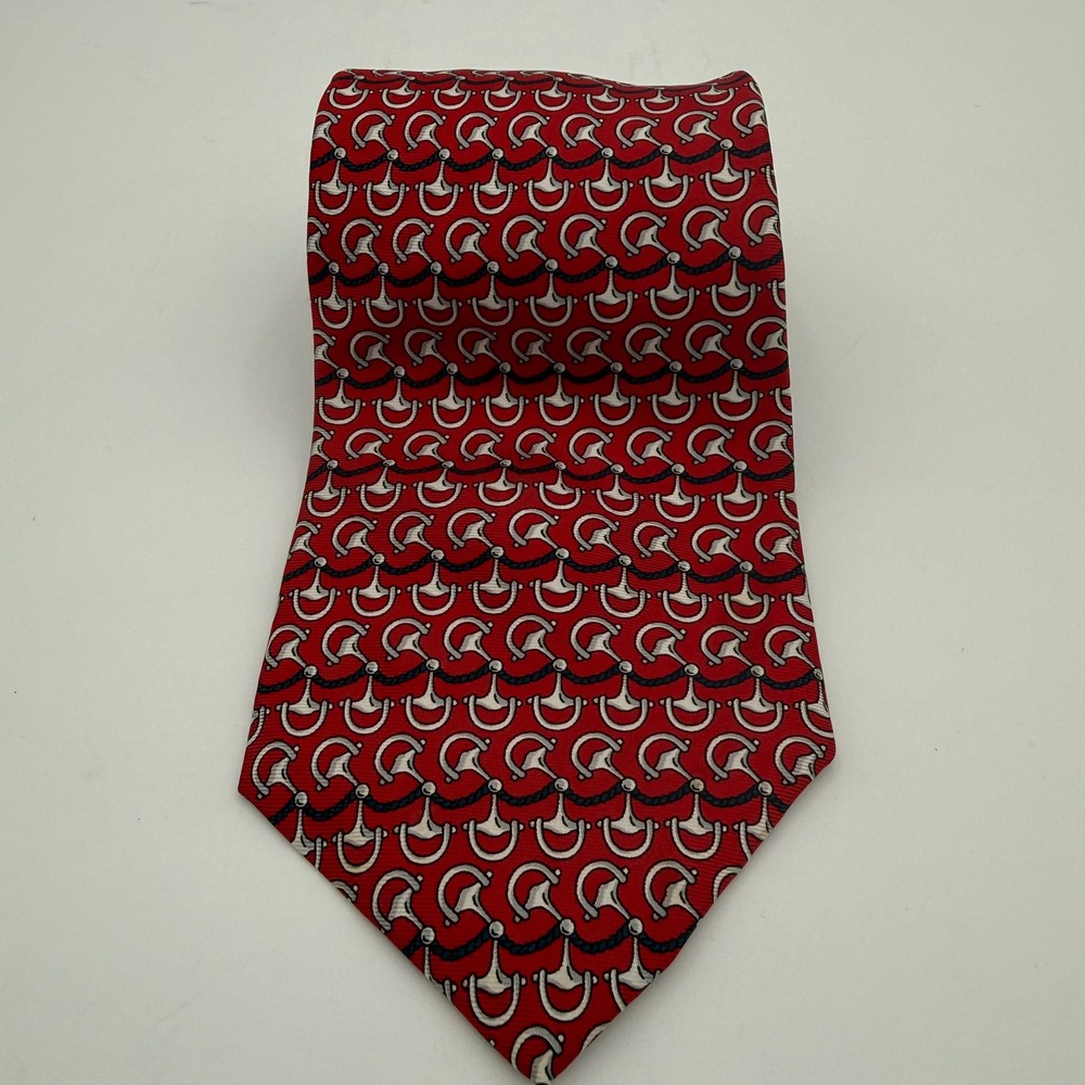 Bert Pulitzer Mens Red Silk Tie Equestrian Horse Bit Chain Link Pattern USA Made